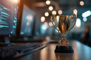 Golden trophy on a desk in a modern tech workspace with computer monitor photo