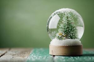 Snow globe with a Christmas tree and snowfall on a blurred green background photo