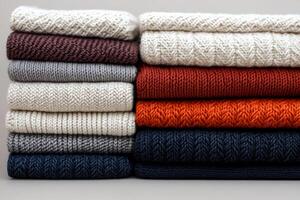 Folded wool sweaters with textured knitting patterns in various colors photo