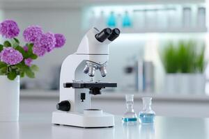 Microscope in a laboratory with blurred lighting in the background photo