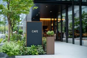 Cafe sign surrounded by greenery in front of a classic building with ornate decor photo