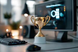 Golden trophy on a desk in a modern tech workspace with computer monitor photo