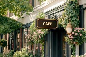 Cafe sign surrounded by greenery in front of a classic building with ornate decor photo