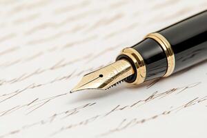 Luxurious pen with intricate gold detailing writes on paper in a flowing script photo
