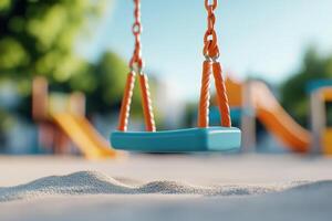 Empty swing hangs at a playground photo