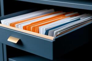 Modern filing cabinet drawer containing neatly organized folders photo