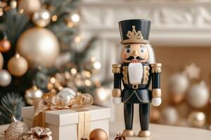 Christmas scene with nutcracker, decorations, a gift box, and a decorated tree in the background photo