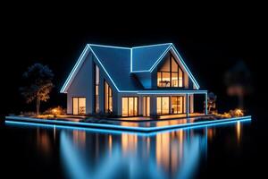 3D model of a smart home with illuminated blue accents. Futuristic architecture, technology integration photo