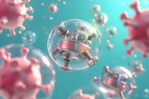 Virus robotic structure with mechanical components floating in a biological environment photo