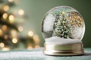 Snow globe with a Christmas tree and snowfall on a blurred green background photo