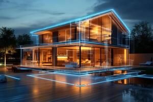 3D model of a smart home with illuminated blue accents. Futuristic architecture, technology integration photo