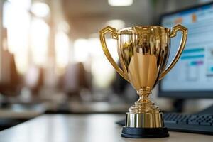 Golden trophy on a desk in a modern office environment with computers in the background photo