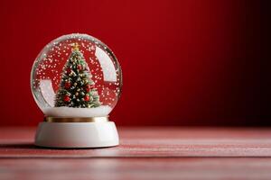Snow globe featuring a decorated Christmas tree on a red background with glowing holiday lights photo