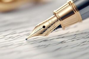 Luxurious pen with intricate gold detailing writes on paper in a flowing script photo
