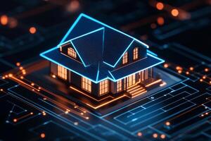 3D model of a smart home with illuminated blue accents. Futuristic architecture, technology integration photo