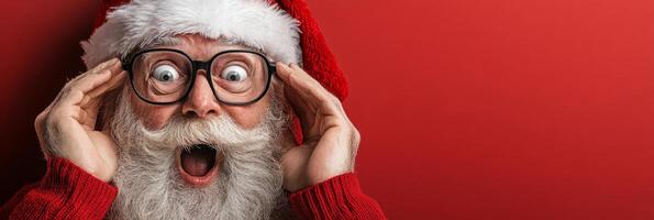 Santa Claus with wide eyes and an expression of surprise on a red background photo