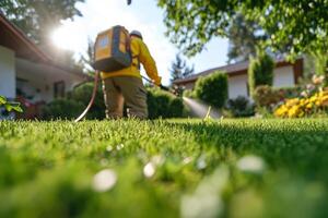 Gardener sprays pesticide on a lawn. Plant protection photo