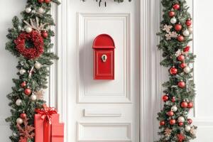 Red mailbox, wreaths with ornaments, wrapped presents. Warm holiday atmosphere photo