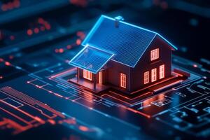 3D model of a smart home with illuminated blue accents. Futuristic architecture, technology integration photo