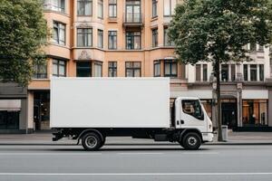 Empty blank white mockup of the truck on city street with buildings in the background photo