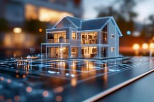 3D model of a smart home with illuminated blue accents. Futuristic architecture, technology integration photo