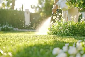 Gardener sprays pesticide on a lawn. Plant protection photo