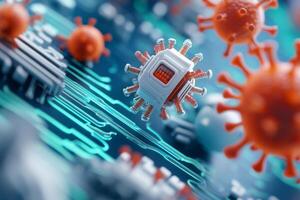 Virus robotic structure with mechanical components floating in a biological environment photo