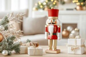 Christmas scene with nutcracker, decorations, a gift box, and a decorated tree in the background photo