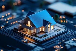 3D model of a smart home with illuminated blue accents. Futuristic architecture, technology integration photo