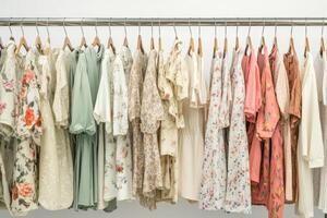 Collection of floral clothes hanging on hangers photo
