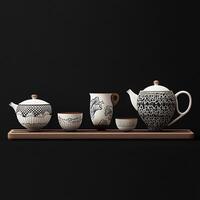 Tea set on a shelf with black background photo