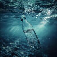 A bottle floating in the ocean with water photo