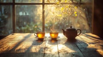 Tea and coffee on a wooden table in front of a window photo