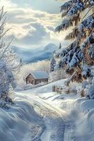 A snowy road leads to a cabin in the mountains photo
