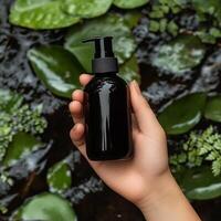 A person holding a black bottle of soap in front of a pond photo