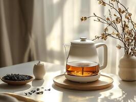 A white tea pot on a table with a vase of flowers photo