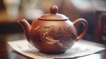 A brown teapot with a landscape design on it photo
