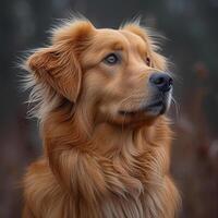A golden retriever is looking up at the sky photo