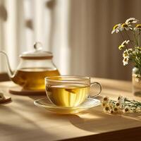 A cup of tea and a vase of flowers on a table photo