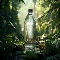 A bottle of water is sitting in the middle of a jungle photo
