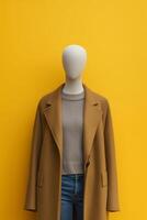 Mannequin in coat and sweater on yellow background photo