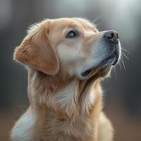 A golden retriever is looking up at something photo