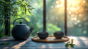 Tea and coffee on a wooden table with a window photo