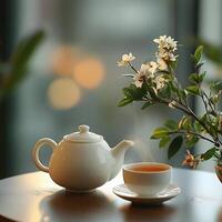 A table with a tea pot and a vase of flowers photo