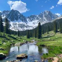 A mountain stream runs through a green valley photo