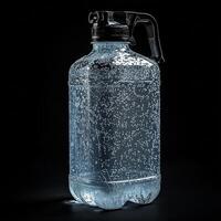 A large plastic water bottle with a black handle photo