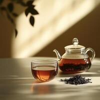 A tea pot and a cup of tea on a table photo