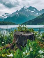 A lake and mountains are in the background photo