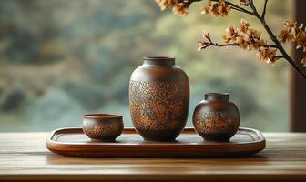 A table with three vases and a flower on it photo