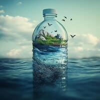 An island is inside a bottle with water and birds flying photo
